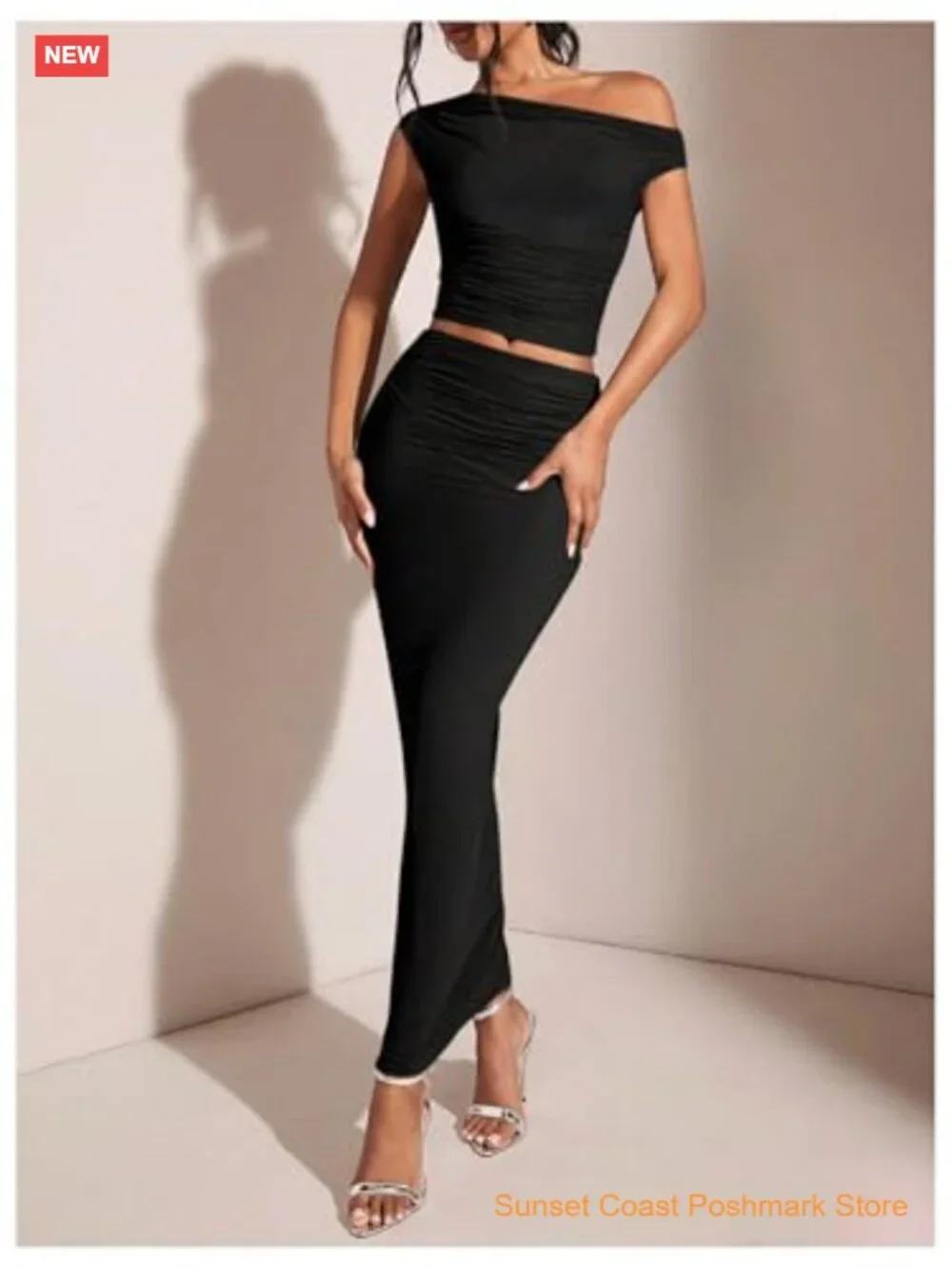 Women's Solid Asymmetrical Neck One Shoulder Bodycon Maxi Skirt Set - Picture 5 of 6